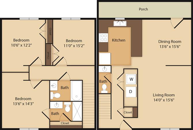 Floor plan for 3 beds, 2.5 baths, 1600 sqft